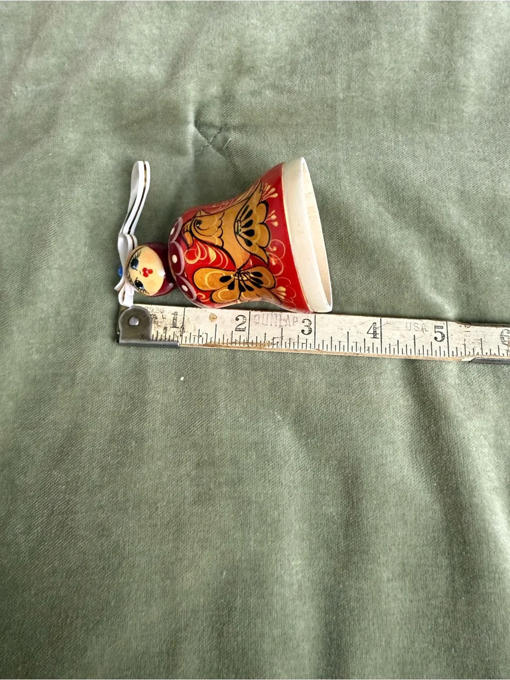 Vintage Hand-Painted Russian Roly Poly Doll Bell Ornament in Red and Gold #